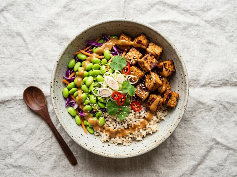 Proteinreicher Tempeh-Erdnuss-Bowl mit Edamame und Zitronengras