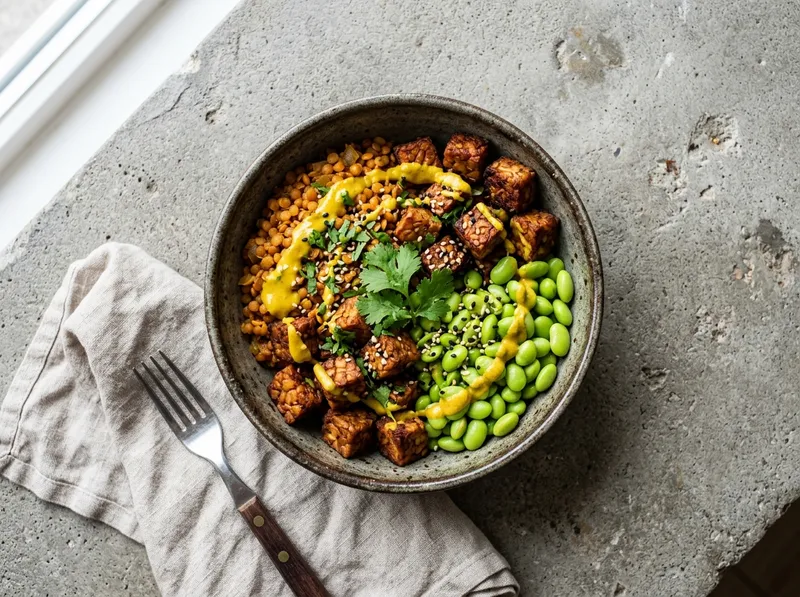 Proteinreicher Tempeh-Linsen-Bowl mit Edamame und Kurkuma-Tahini