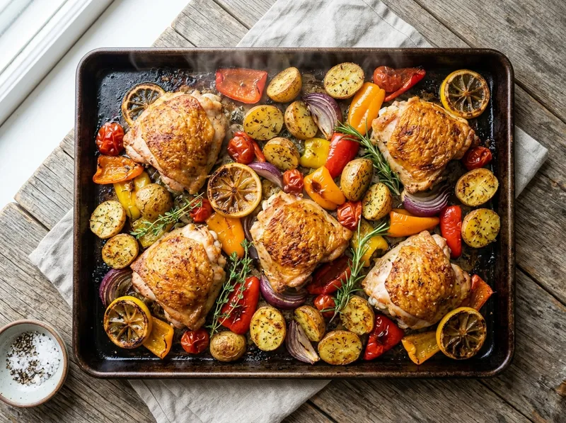 Rauchige Ofenblech-Hähnchenkeulen mit Paprika und Kräuter-Zitronen-Kartoffeln