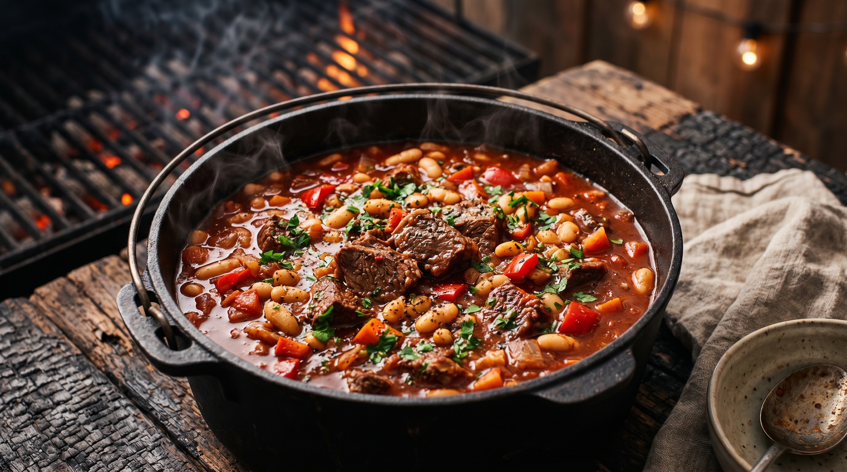 Rauchiger Rindereintopf vom Grill mit Paprika und Bohnen