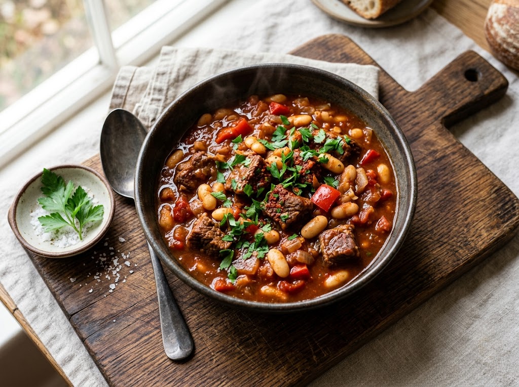 Rauchiger Rindereintopf vom Grill mit Paprika und Bohnen