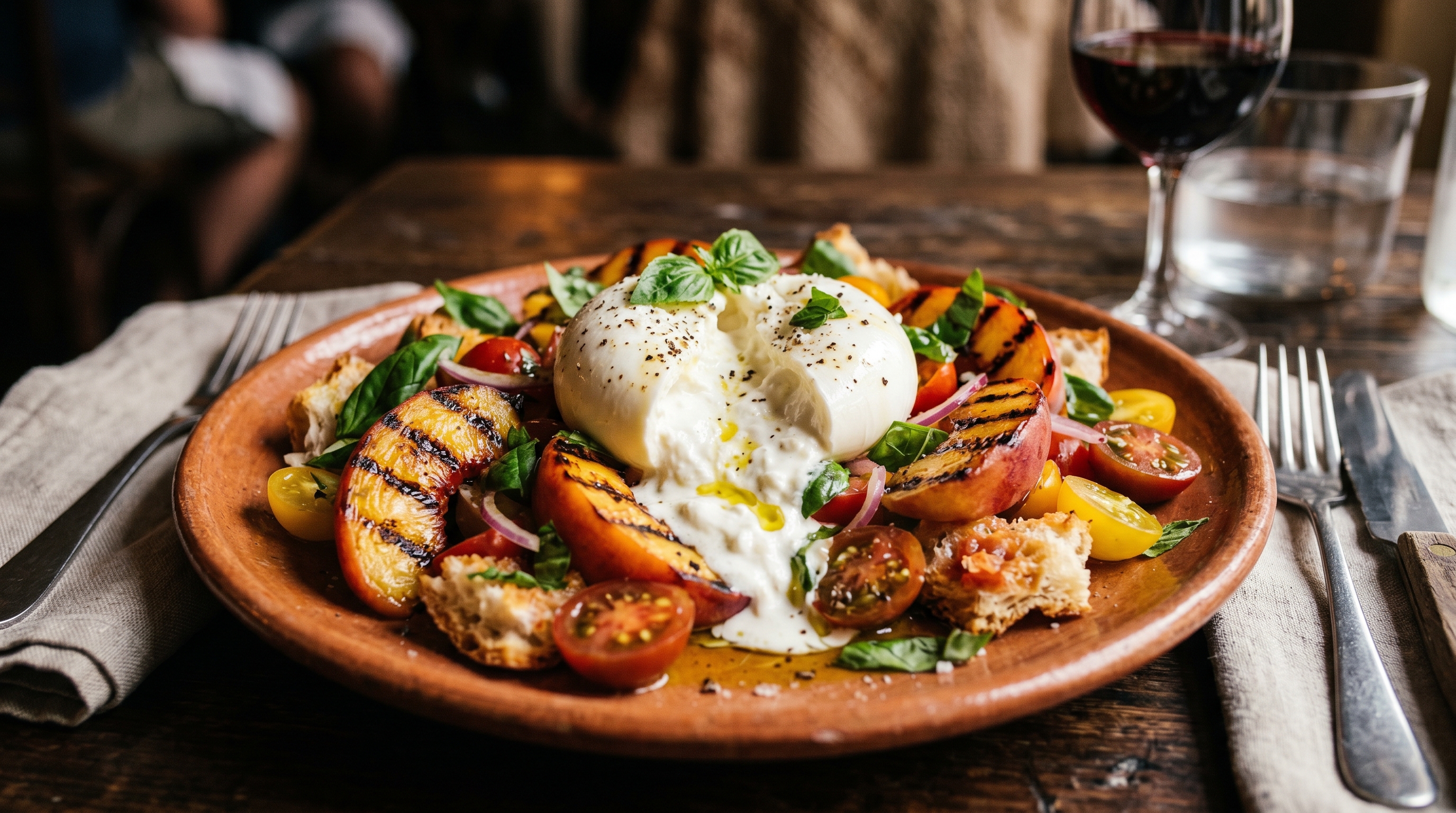 Rustikale Panzanella mit gegrillten Pfirsichen und Burrata
