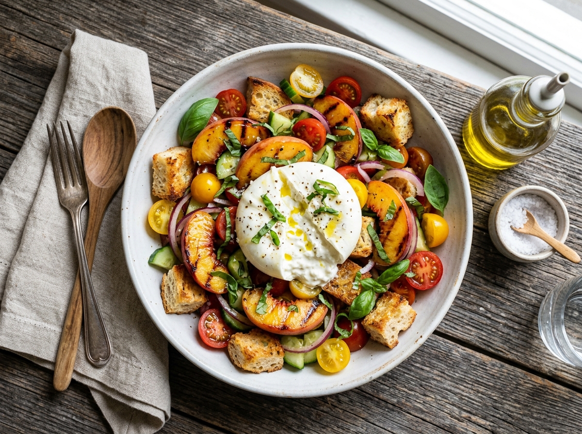 Rustikale Panzanella mit gegrillten Pfirsichen und Burrata