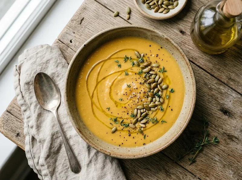 Rustikale Wurzelgemüse-Suppe mit Thymian und gerösteten Kernen
