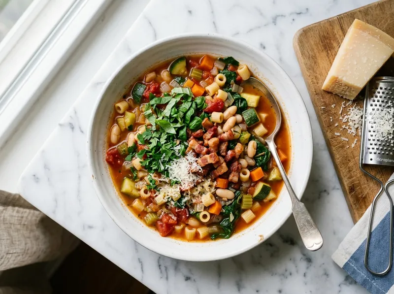 Rustikaler Minestrone-Eintopf mit Pancetta und Parmesan