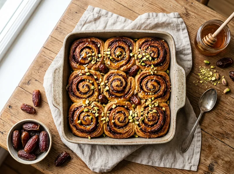Saftige Dattel-Tahini-Schnecken mit Orangenblütenwasser