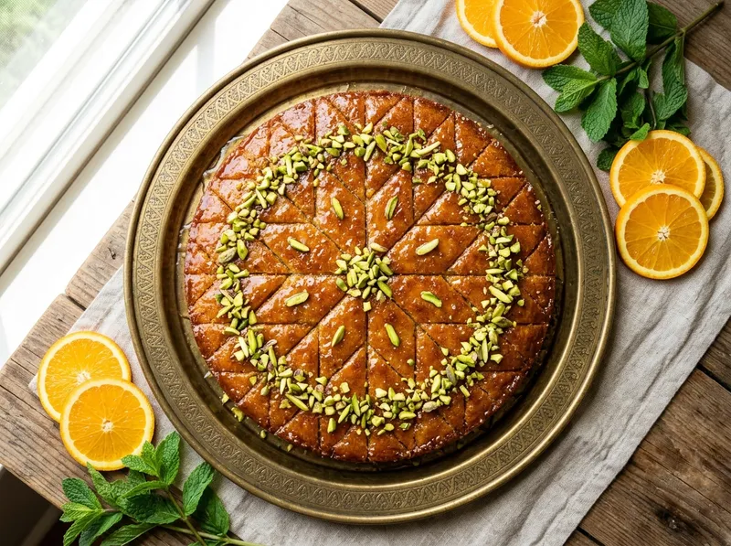 Saftige Orangenblüten-Grießtorte mit Pistazien und Rosenwasser-Joghurt