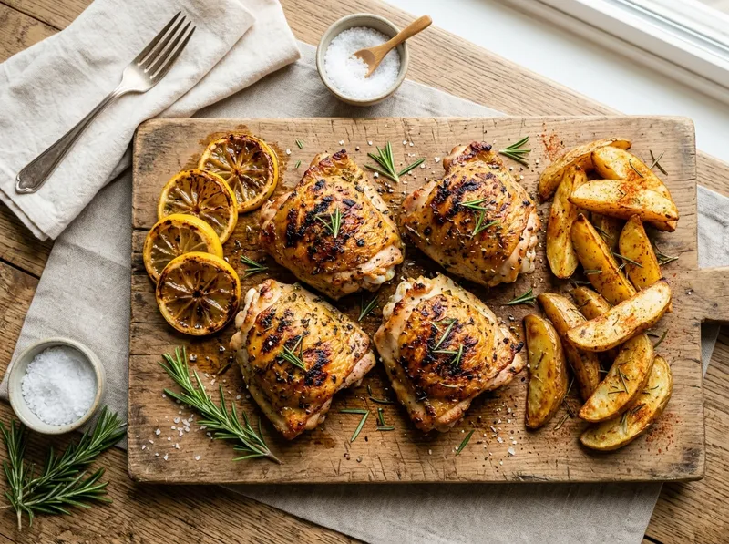 Saftiges Grill-Hähnchen mit Zitronen-Knoblauch-Marinade und Ofenkartoffeln