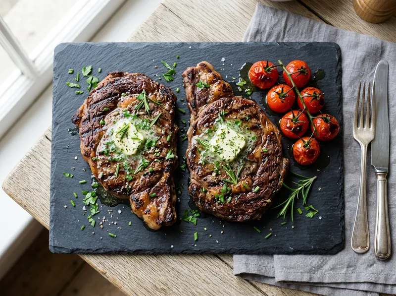 Saftiges Grillsteak mit Knoblauch-Kräuterbutter und gerösteten Tomaten