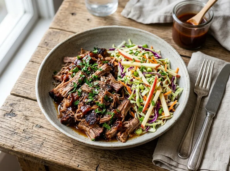 Saftiges Pulled Pork vom Grill mit Apfel-Krautsalat