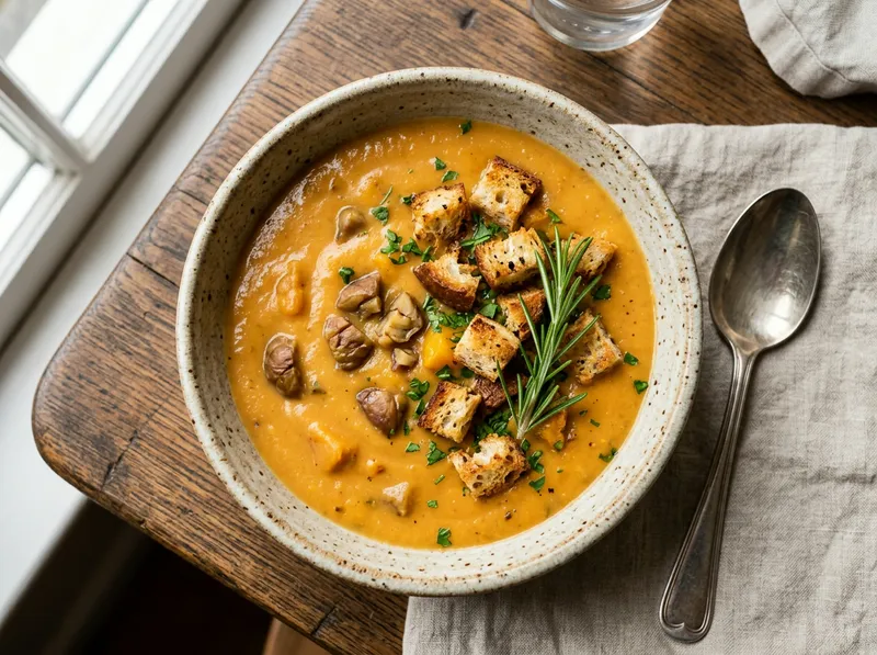 Samtiger Maronen-Kürbis-Eintopf mit Rosmarin-Croutons