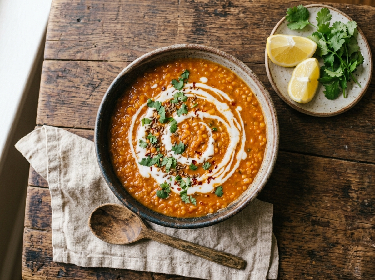 Samtiger Roter Linsen-Eintopf mit Kokosmilch und Zitrone