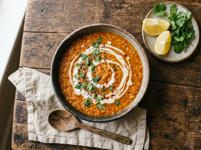 Samtiger Roter Linsen-Eintopf mit Kokosmilch und Zitrone