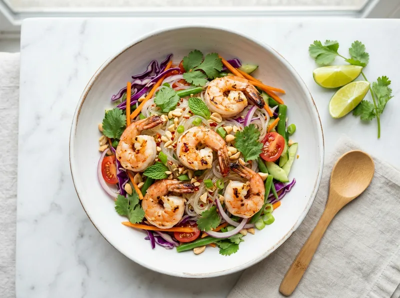 Scharfer Thai-Glasnudelsalat mit Garnelen und Erdnüssen