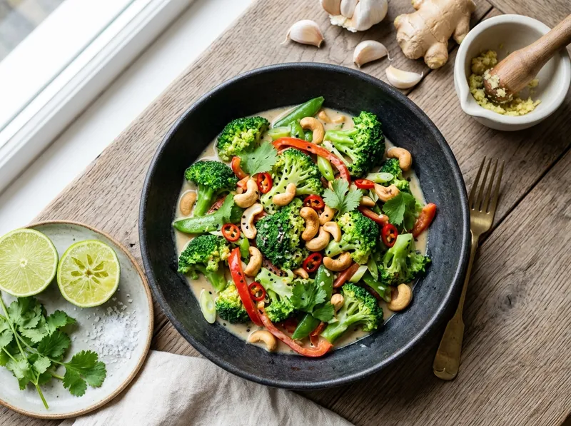 Schnelle Brokkoli-Cashew-Pfanne mit Kokosmilch und Limette
