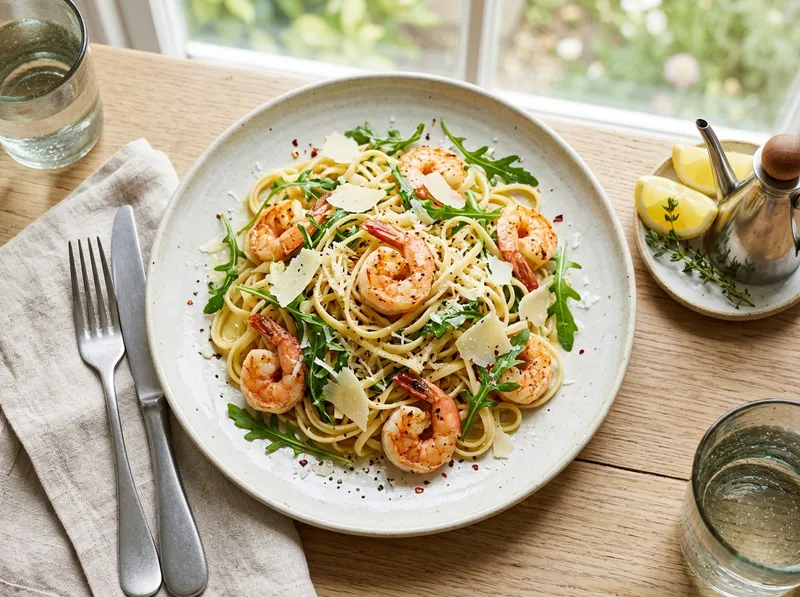 Schnelle Linguine mit Zitrone, Garnelen und frischem Rucola