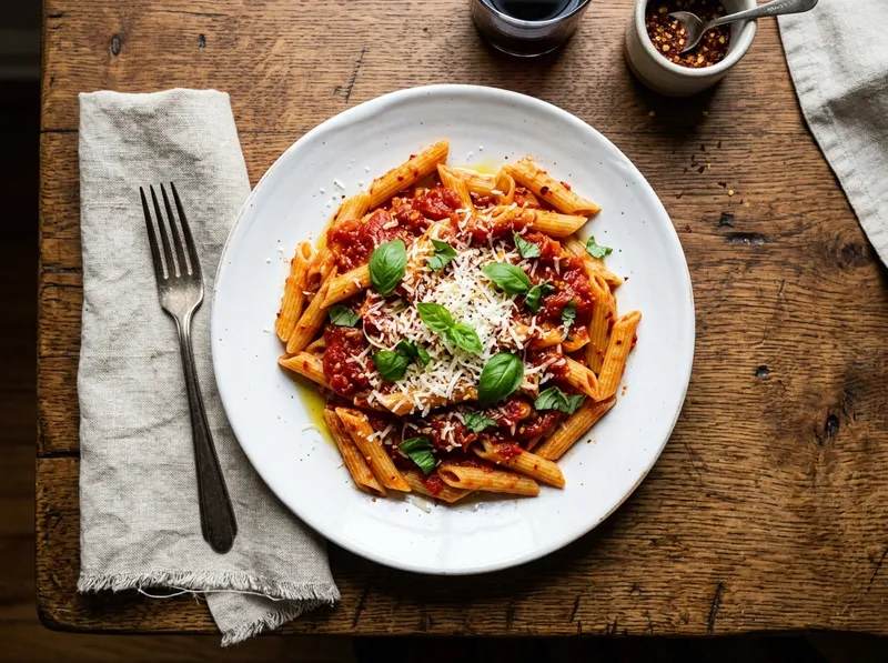 Schnelle Penne all'Arrabbiata mit frischem Basilikum