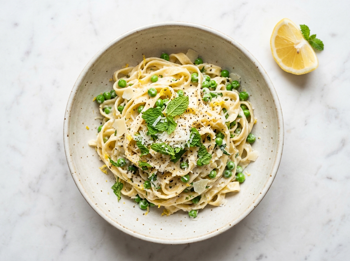Schnelle Tagliatelle mit Zitrone, Erbsen und Mascarpone