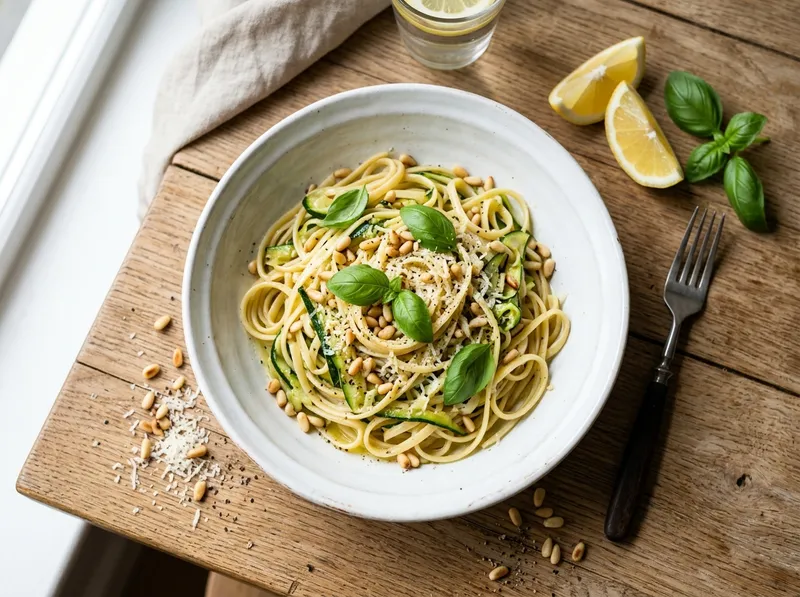 Schnelle Zitronen-Butter-Linguine mit Zucchini und Pinienkernen