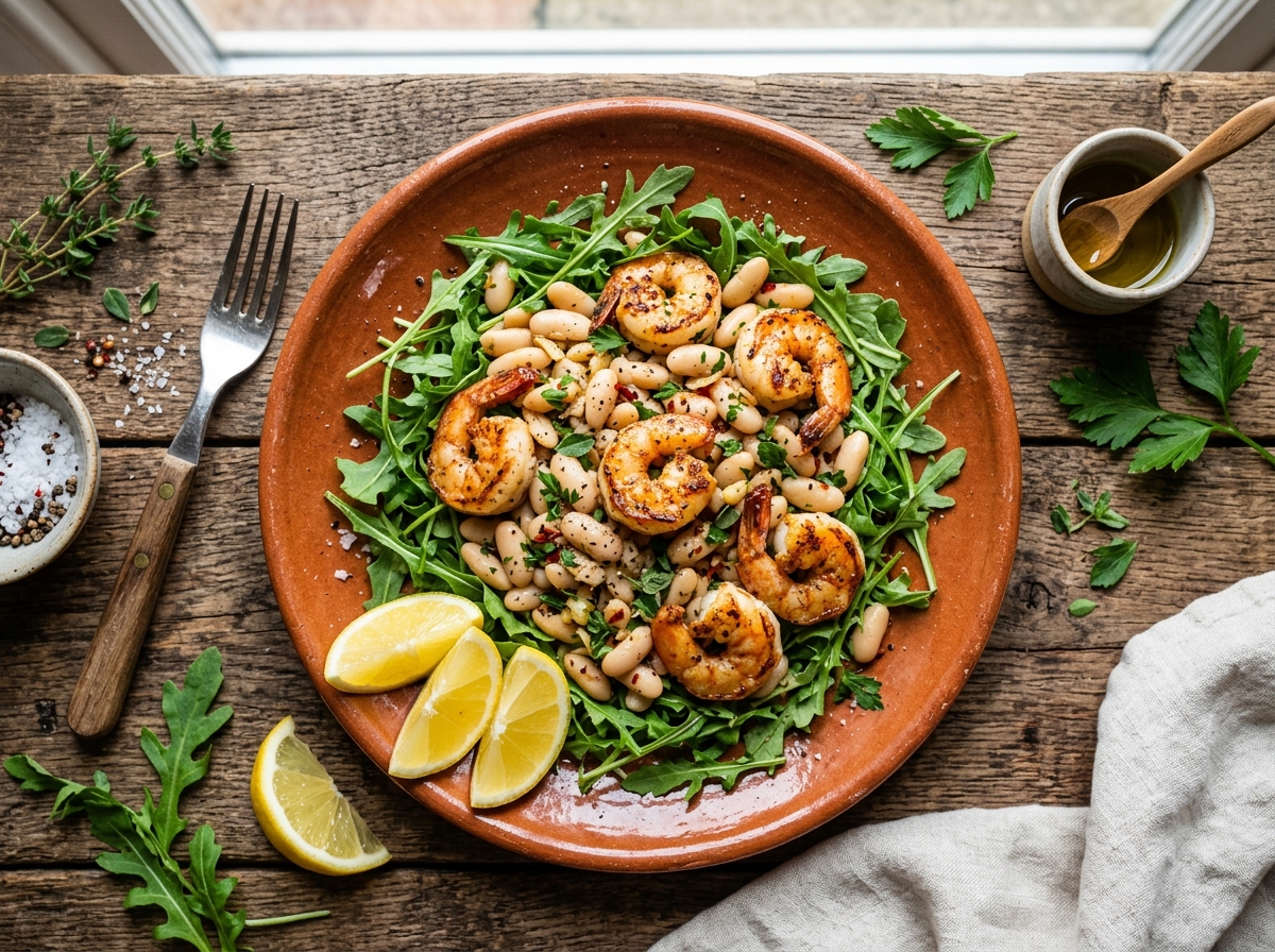 Schnelle Zitronen-Garnelen mit Cannellini-Bohnen und Rucola