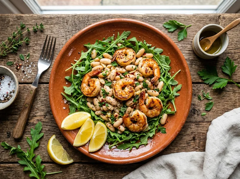 Schnelle Zitronen-Garnelen mit Cannellini-Bohnen und Rucola