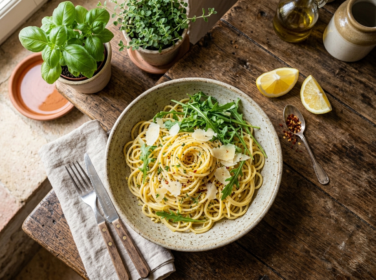 Schnelle Zitronen-Knoblauch-Spaghetti mit Rucola und Parmesan