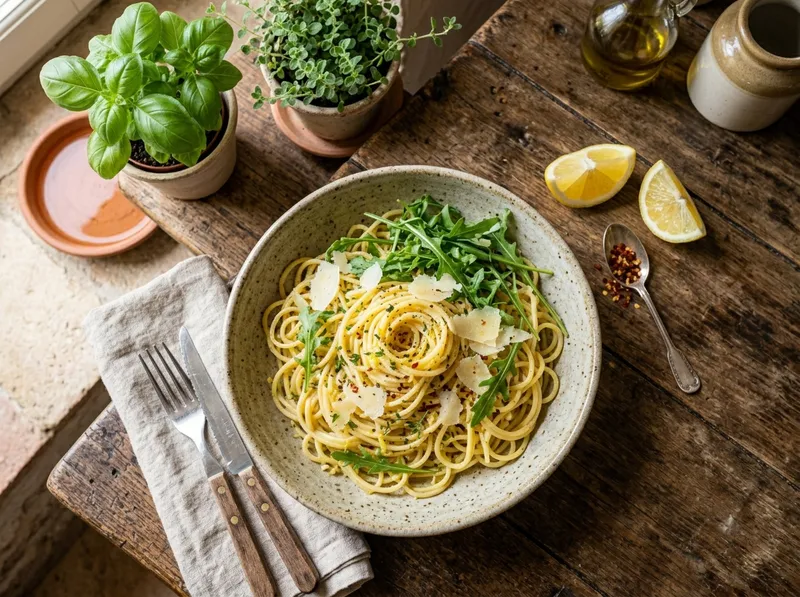 Schnelle Zitronen-Knoblauch-Spaghetti mit Rucola und Parmesan