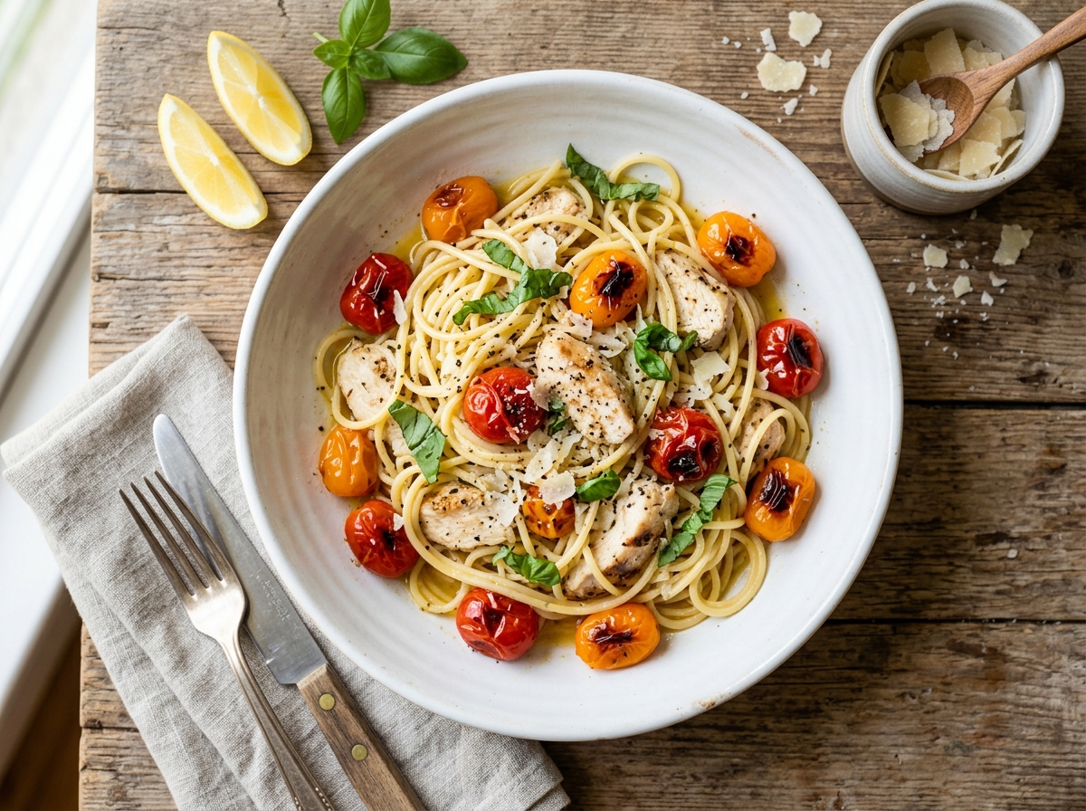 Schnelle Zitronenhuhn-Spaghetti mit Cherry-Tomaten und frischem Basilikum