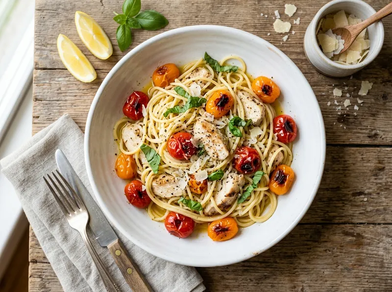 Schnelle Zitronenhuhn-Spaghetti mit Cherry-Tomaten und frischem Basilikum