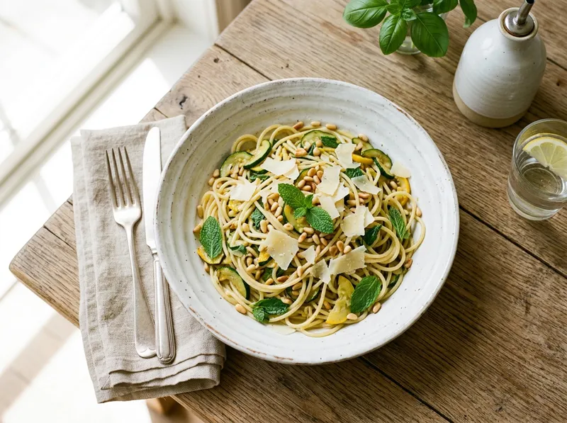Schnelle Zucchini-Minz-Pasta mit gerösteten Pinienkernen