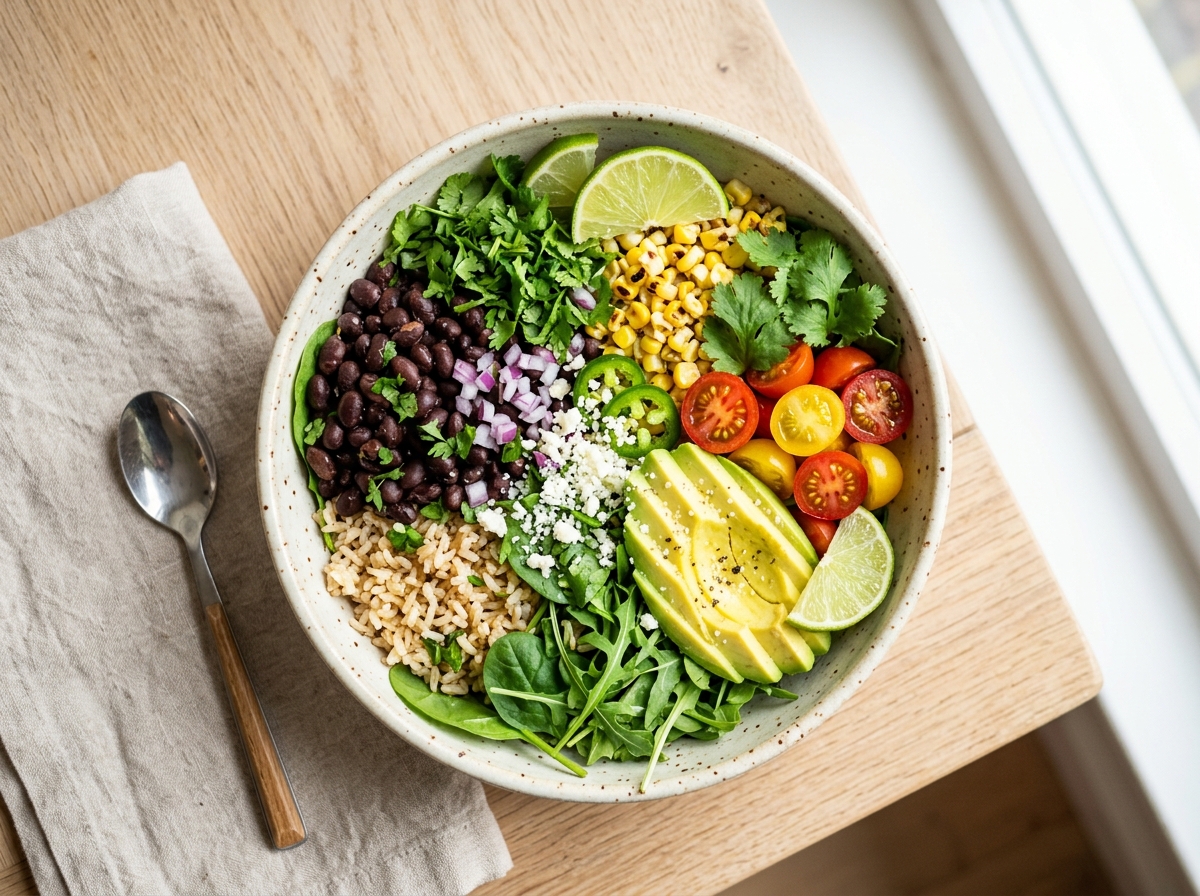 Schneller Schwarze-Bohnen-Bowl mit Avocado und Limetten-Koriander-Dressing