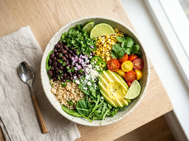 Schneller Schwarze-Bohnen-Bowl mit Avocado und Limetten-Koriander-Dressing