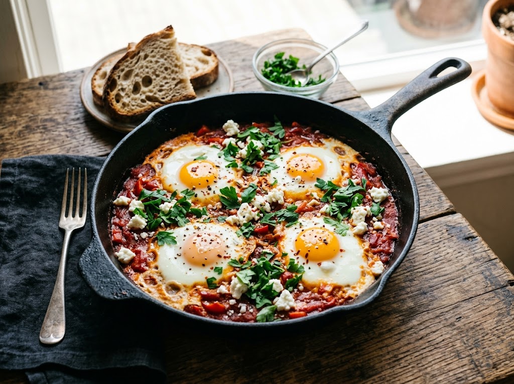Shakshuka mit Feta und frischen Kräutern