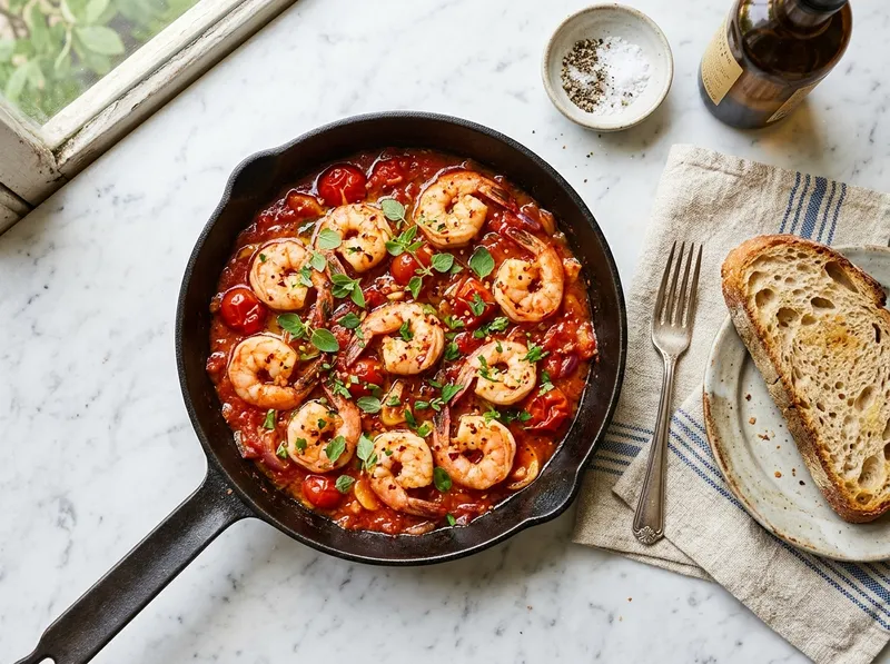 Sizilianische Garnelen mit Tomaten-Weißwein-Sugo und frischem Oregano
