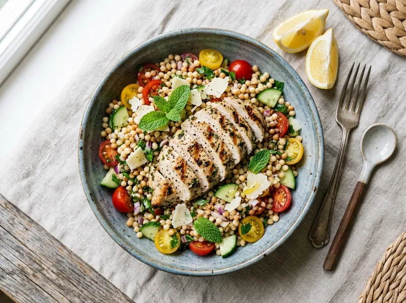 Sizilianischer Fregola-Salat mit Zitronenhähnchen und frischer Minze