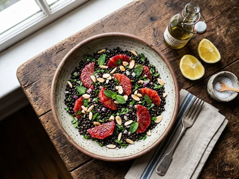 Sizilianischer Zitruslinsen-Salat mit frischer Minze und gerösteten Mandeln