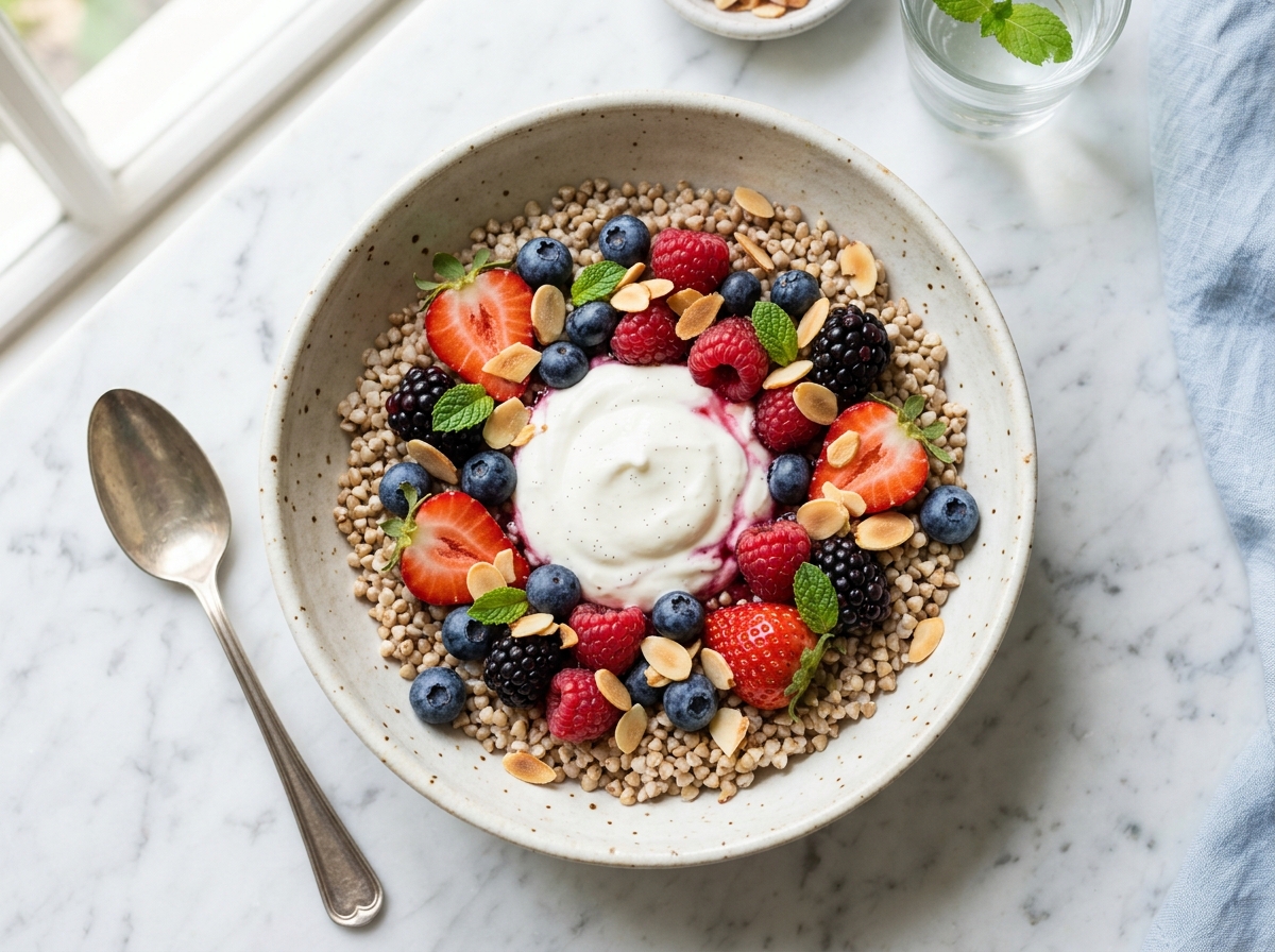 Sommerlicher Buchweizen-Bowl mit Beeren und Zitronenquark