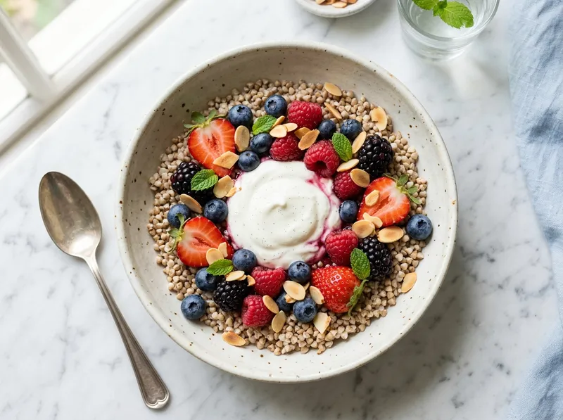 Sommerlicher Buchweizen-Bowl mit Beeren und Zitronenquark