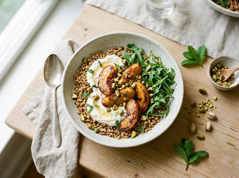 Sommerlicher Dinkel-Bowl mit Pfirsich und Zitrus-Minz-Joghurt