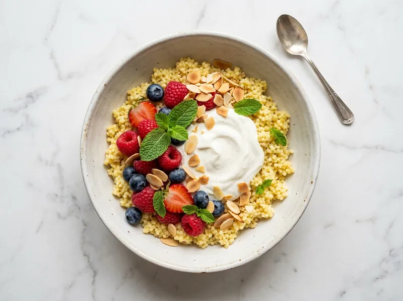 Sommerlicher Hirse-Beeren-Bowl mit Zitronen-Vanille-Joghurt