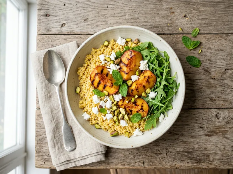 Sommerlicher Hirse-Bowl mit Pfirsich und Ziegenkäse