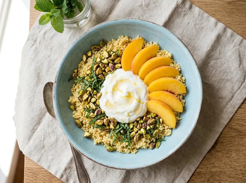 Sommerlicher Hirse-Pfirsich-Bowl mit Honig-Zitronen-Joghurt