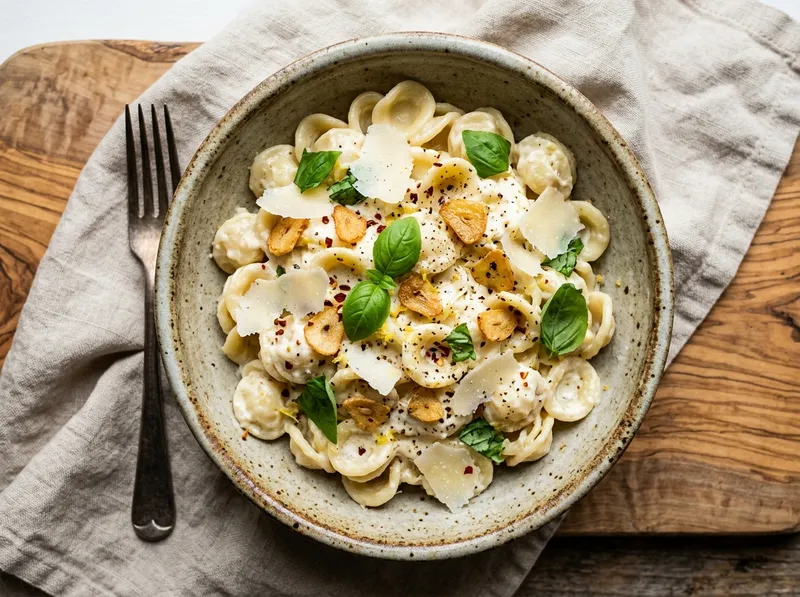 Sonnige Orecchiette mit Zitronenricotta und geröstetem Knoblauch