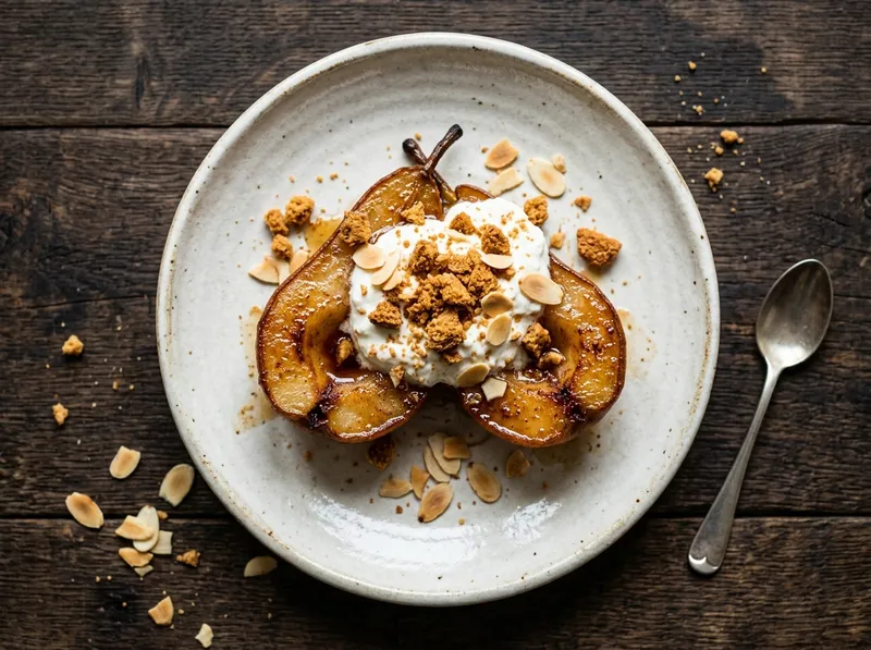 Süßes Ofenblech mit karamellisierten Birnen und Amaretti-Quark-Crumble