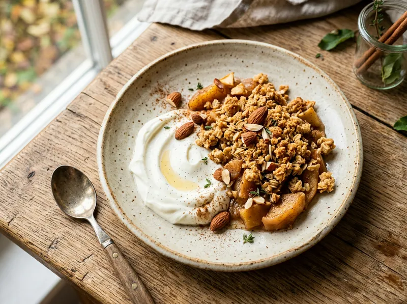 Süßes Ofenblech mit Honig-Zimt-Äpfeln und Vanille-Quark-Crumble