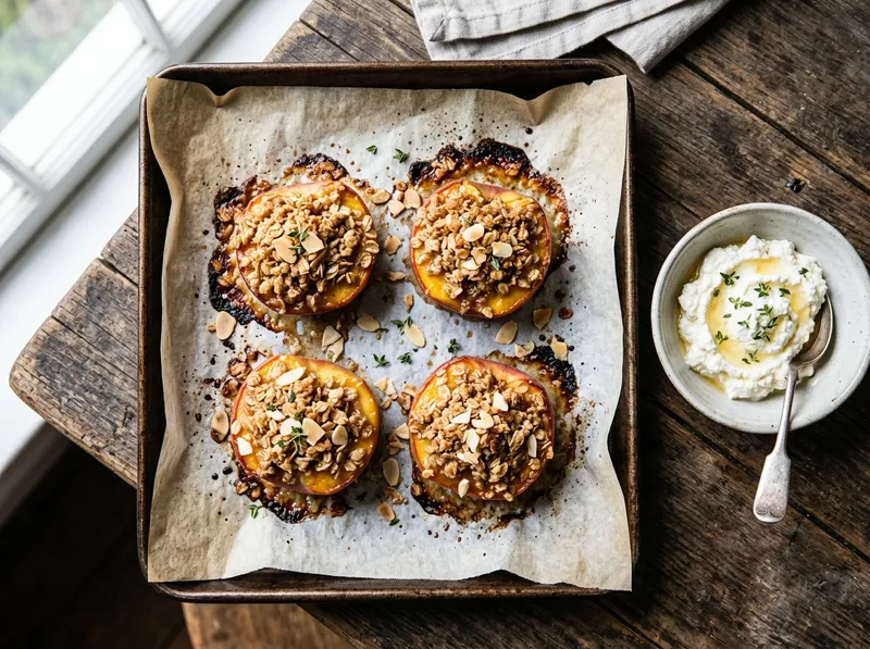 Süßes Ofenblech mit karamellisierten Pfirsichen und Ricotta-Honig-Creme