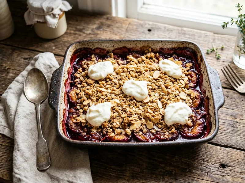 Süßes Ofenblech mit Zimt-Pflaumen und Quark-Mandel-Crumble
