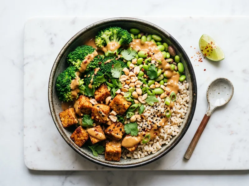 Tempeh-Brokkoli-Bowl mit Erdnuss-Limetten-Sauce