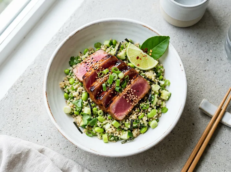 Teriyaki-Thunfisch-Steaks mit Edamame-Sesam-Quinoa