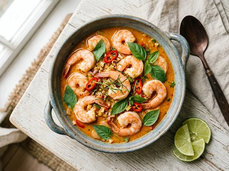 Thailändische Garnelen im Wok mit Zitronengras und Thai-Basilikum